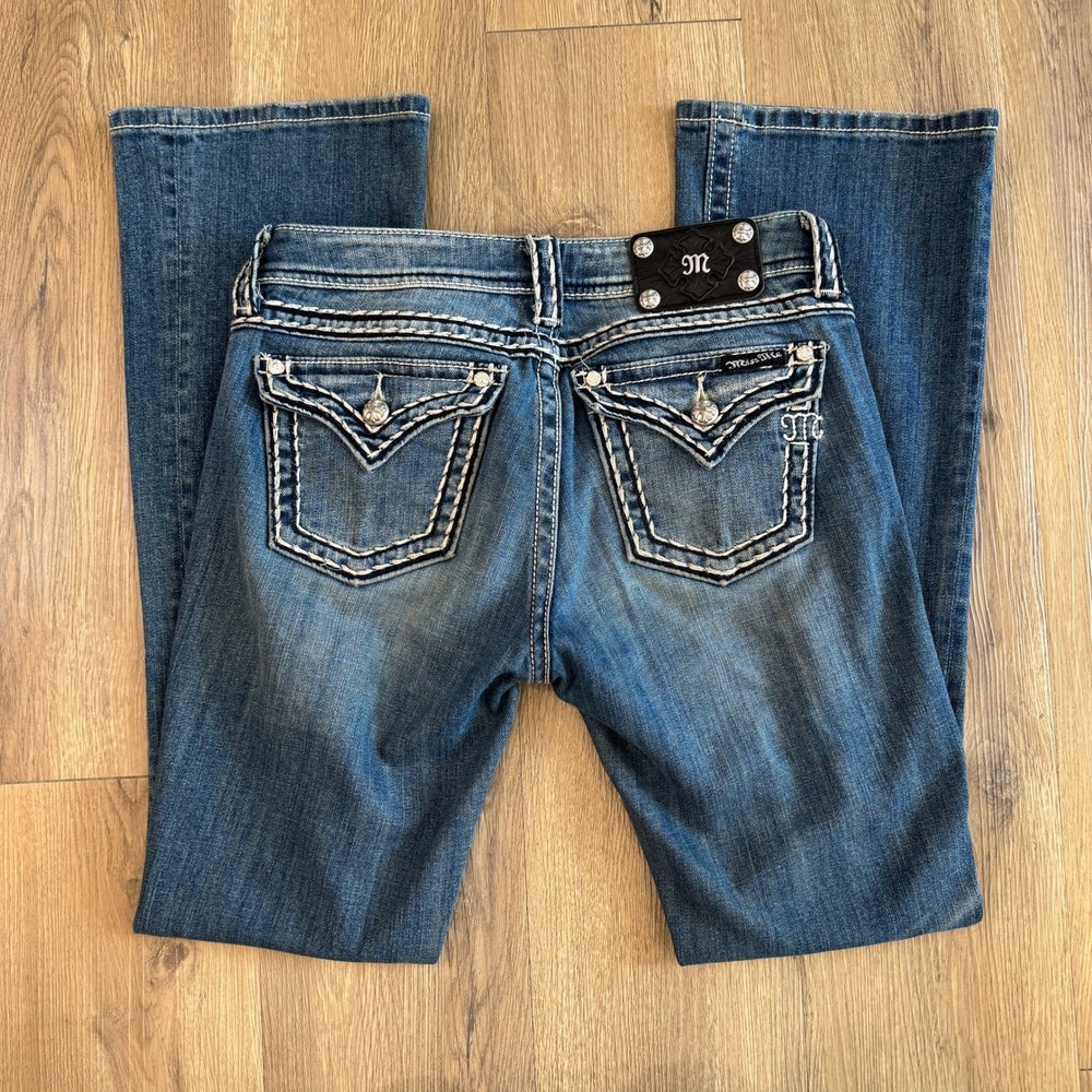Miss Me Bootcut Jeans Medium Wash Rhinestone Low Rise Women's Size 29 Y2K Style